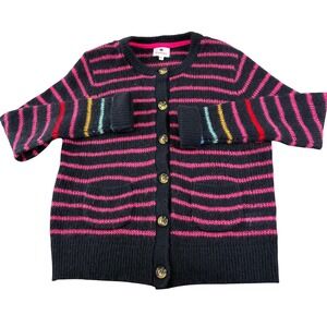 Sundry Wool Cashmere Cardigan Sweater Womens 0 Black Pink Striped Whimsical Cozy